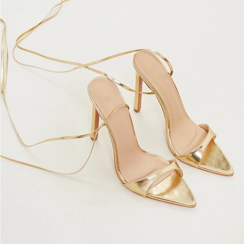Pretty Little Thing Gold PU Point Toe Lace Up High Heeled Sandals